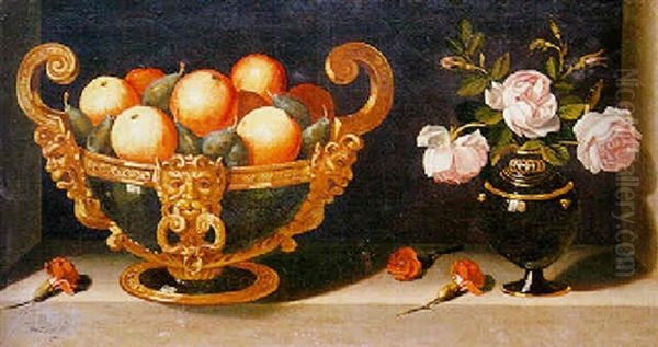 Oranges And Plums In A Two-handled Bowl, A Vase Of Roses And Carnations In A Stone Niche - view 1