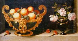 Oranges And Plums In A Two-handled Bowl, A Vase Of Roses And Carnations In A Stone Niche