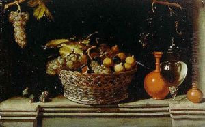 Grapes And Pomegranates In A Basket With Pottery And Glass Vessels On A Ledge by Juan Van Der Hamen Y Leon