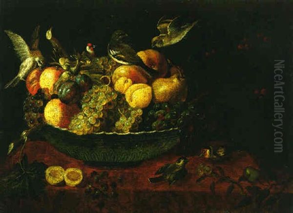 Still Life Of A Bowl Of Fruit And Birds On A Red Draped Table - view 1