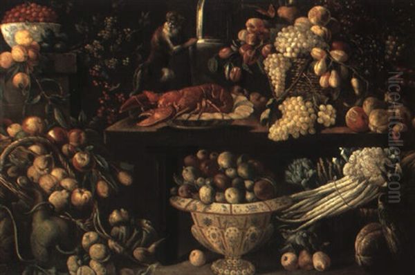 Still Life Of A Lobster, Fruit, Vegetables And A Monkey Around A Table - view 1