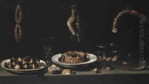Figs And A Pie In Bowls With A Wineglass, Sausages And Hanging Dead Birds