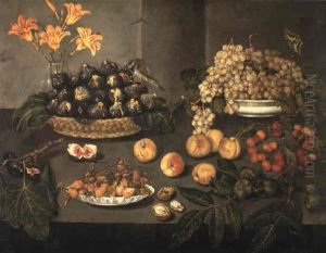 Lilies In A Glass Vase, Figs, Grapes, Plums And Other Fruit On A Stone Ledge by Juan Van Der Hamen Y Leon