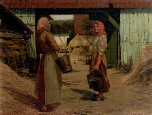 Peasantwomen Conversing In A Farmyard by Adolphe Hamesse