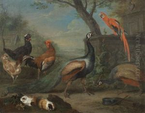 Peacocks, A Parrot, Hens And Guinea Pigs Before A Landscape