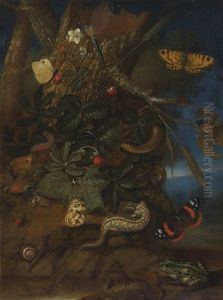 Forest Floor Still Life With Lizards, Butterflies, A Toad, A Snail, A Snake, A Dragonfly, A Beetle, An Ant, A Worm And A Ladybug by Carl Wilhelm de Hamilton