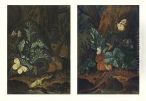 A Snake, A Snail, A Lizard And Butterflies At The Foot Of The Tree And A Snake, A Frog, A Butterfly And A Snail At The Foot Of A Tree (pair) by Carl Wilhelm de Hamilton