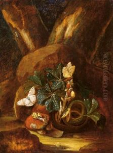 Sous-bois-stilleben Mit Pilzen, Schmetterlingen, Einer Schnecke Und Einer Schlange Sous-bois-stilleben Mit Pilzen, Schmetterlingen, Einer Schnecke Und Einer Schlange