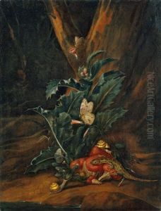 Sous-bois-stilleben. Unter Einem Baumstumpf Eine Distel, Pilze, Schnecken Und Eine Eidechse