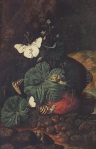 A Forest Floor Still Life With A Snake, Snails And Butterflies by Carl Wilhelm de Hamilton