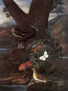 Birds, A Lizard, A Red Snake, A White Butterfly And A Wasp Among Nettles And Flowers In A Landscape