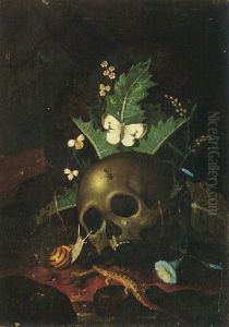 A Forest Floor Still Life With A Skull, Butterfly, Snail And Lizard, Together With Convulvuli And Other Wild Flowers