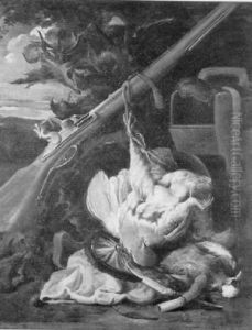 A Stilllife Of Dead Partridges, A Gun And A Bird Cage In A Landscape