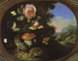 Waldgrund Mit Ausblick In Eine Gebirgslandschaft Mit Rosen, Pilzen, Einer Eidechse, Frosch Und Schmetterling by Carl Wilhelm de Hamilton