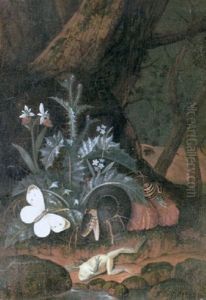 Still Life Of A Snake, A Snail, A Toad And A Butterfly Amid Undergrowth Beside A Pool