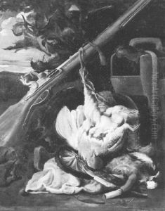 A Still Life Of Dead Partridges, A Gun And A Bird Cage In A Landscape