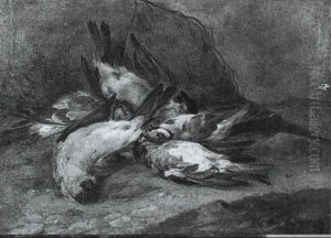 A Still Life Of Dead Song Birds, Including A Bullfinch, A   Robin And A Blue Tit, In A Landscape