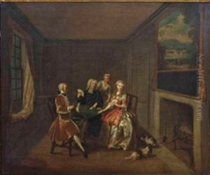 A Game Of Cards, In An Early Georgian Interior, With A Maid-servant Pouring A Glass Of Wine, A Cat And Dog By The Fire by Gawen Hamilton