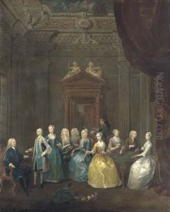 Portrait Of The Porten Family Taking Tea In A Lavish Interior, With A Red Velvet Curtain In The Foreground And A Garden Seen From An Open Door Beyond Portrait Of The Porten Family Taking Tea In A Lavish Interior, With A Red Velvet Curtain In The Foreground And A Garden Seen From An Open Door Beyond