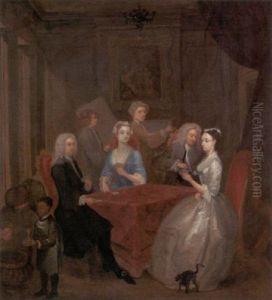 Elegant Figures Playing At A Table In An Interior, With An Artist Behind The Group by Gawen Hamilton