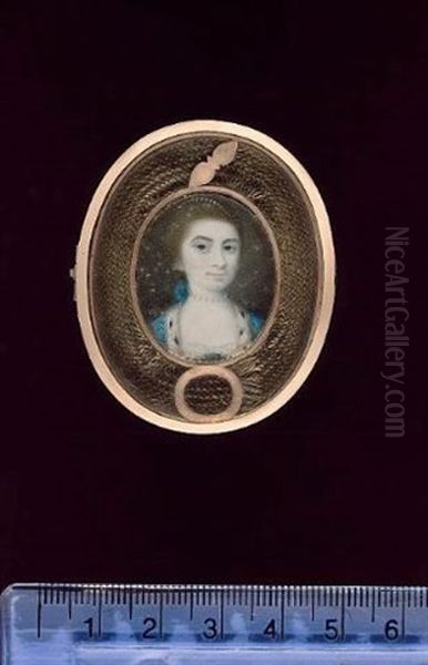 A Lady Wearing Ermine-trimmed Blue Open Robe Over Lace Trimmed Dress, Pearl Choker Tied With Blue Ribbon And Pearls In Her Upswept Hair - view 1