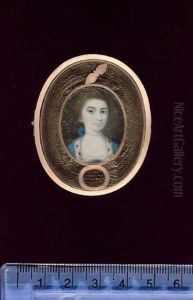 A Lady Wearing Ermine-trimmed Blue Open Robe Over Lace Trimmed Dress, Pearl Choker Tied With Blue Ribbon And Pearls In Her Upswept Hair by Gustavus Hamilton