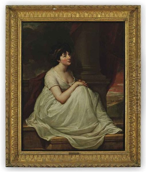 Portrait Of Jane Winder, Wife Of William Charles Monck-mason Of Masonbrook, Co. Kildare, Seated On A Ledge In A White Dress With A Gold Headdress Beside A... - view 1
