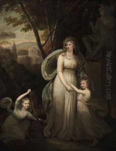 Portrait Of A Lady, With Two Children (members Of The Lichtenau Family?) In A Classical Landscape by Hugh Douglas Hamilton