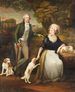 Portrait Of A Lady And Gentleman In An Italian Landscape With Their Three Spaniels