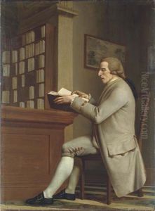 Portrait Of A Gentleman, Identified As Sir William Hamilton, Seated At A Desk, In A Beige Coat And Breeches, Reading A Book, With A Library Beyond