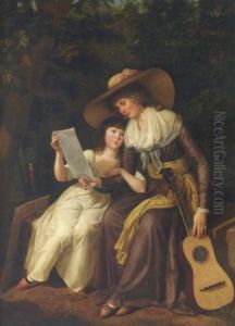Double Portrait Of Mary, Countess Of Erne, With Her Daughter Lady Caroline Crichton, Later Lady Wharncliffe, Seated, The Former In A Brown Dress, The Latter Showing Her Mother A Drawing