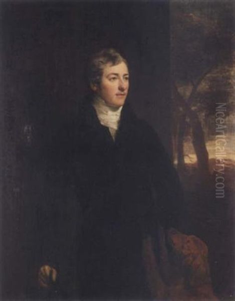 Portrait Of Henry Sadleir Prittie, 2nd Baron Dunalley Of Kilboy, Standing In A Landscape, Wearing A Black Suit And A White Stock, His Hound Beside - view 1