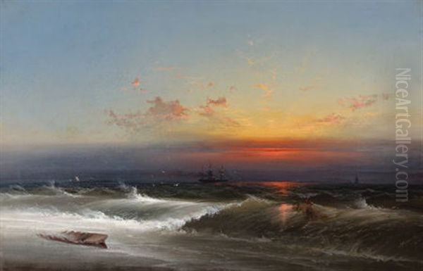 Evening On The Seashore (sunset Breakers Philadelphia Harbor) - view 1