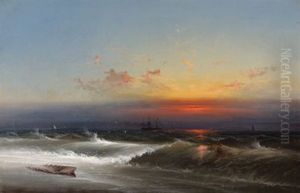 Evening On The Seashore (sunset Breakers Philadelphia Harbor) by James Hamilton