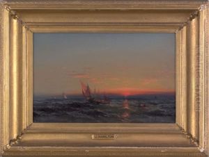 Seascape With Ships At Sunset by James Hamilton