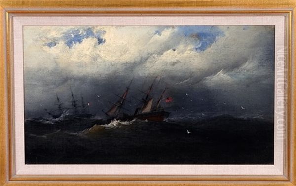 Nocturnal Scene With French And American Ships On Stormy Sea - view 1