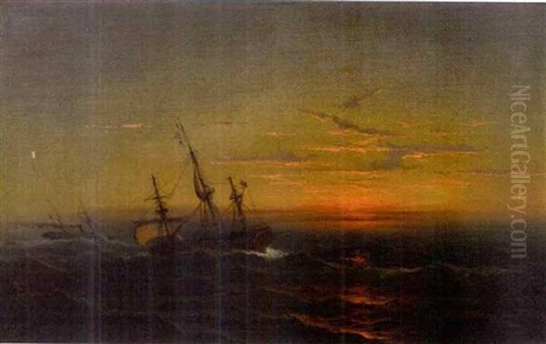 Seascape With Two Ships At Sunset - view 1