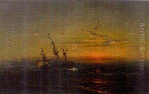 Seascape With Two Ships At Sunset by James Hamilton