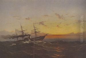 Seascape Of A Steamboat At Sunset by James Hamilton