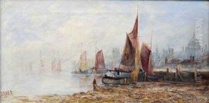 Estuaryscenes With Boats Moored At Low Tide by John Edward Bale