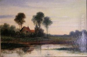 Farm And Church In A Wooded Landscape by John Edward Bale