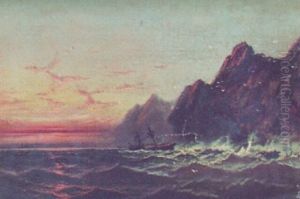 Ship At Sunset Along A Rocky Shoreline Ship At Sunset Along A Rocky Shoreline