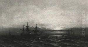 Ships At Sea At Sunrise by James Hamilton