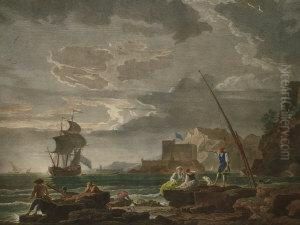 Ship Setting Sail From A Moonlit Harbour And Ashipwreck By Lighthouse In A Storm
