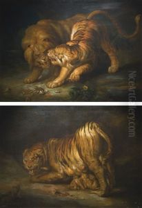 A Tiger And A Lion; And A Tigress And Her Cubs Threatened By A Snake by Johann Georg de Hamilton