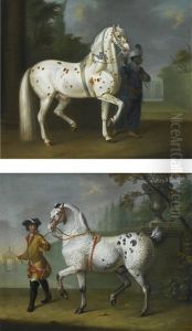 A Lipizzaner Stallion With Curly Coat Led By A Groom; A Lipizzaner Stallion With "tiger" Coat Held By A Groom In Oriental Costume by Johann Georg de Hamilton