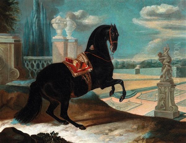 A Black Horse In The Levade, With A Park Landscape In The Background - view 1