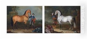 A Bay Stallion Held By A Groom In A Landscape; An Arab Stallion Held By A Groom In Oriental Costume, In A Landscape (pair)