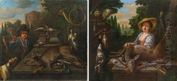 Pendants - Jagdstillleben Mit Einem Jagdgehilfen, Hund Und Radschlossbuchse Und Jagdstillleben Mit Einer Dame Und Steinschlossbuchse (2 Works) - view 1