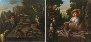 Pendants - Jagdstillleben Mit Einem Jagdgehilfen, Hund Und Radschlossbuchse Und Jagdstillleben Mit Einer Dame Und Steinschlossbuchse (2 Works) by Johann Georg de Hamilton